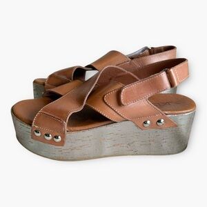 Sixtyseven Nira Tan Leather Platform Crossover Sandals Silver Cork Size 39